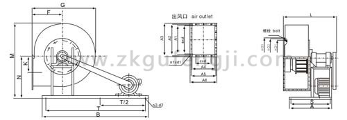 該風(fēng)機(jī)重要由葉輪、進(jìn)風(fēng)口、機(jī)殼、傳動(dòng)部分與C4-73系列排塵離心風(fēng)機(jī)安裝尺寸圖